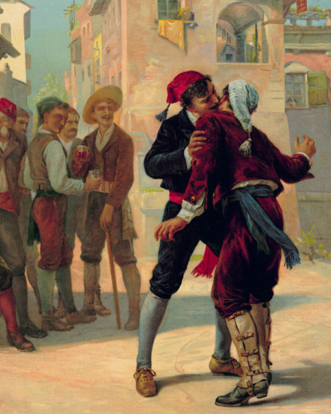Pietro Mascagni : Cavalleria Rusticana - Escena cercana al final de la ópera, en la que Alfio y Turiddu se abrazan como parte de la ceremonia previa a su duelo.