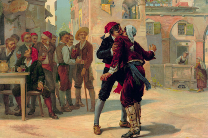 Pietro Mascagni : Cavalleria Rusticana - Escena cercana al final de la ópera, en la que Alfio y Turiddu se abrazan como parte de la ceremonia previa a su duelo.