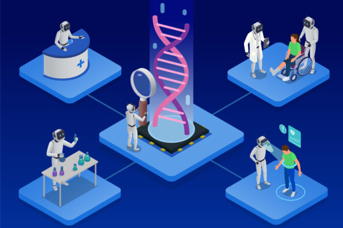 Inteligencia artificial en medicina composición isométrica con médicos e investigadores AI examinando pacientes y trabajando en laboratorio ilustración vectorial