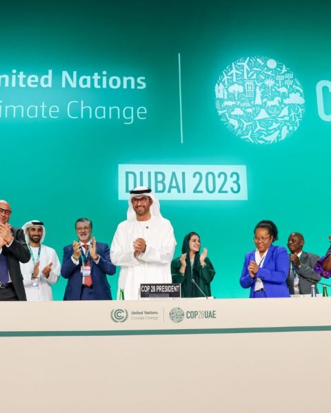 Su Excelencia el Dr. Sultan Al Jaber, Presidente de la COP28 (centro de la foto), y los participantes aplauden en la Apertura Formal de la COP28. Foto de COP28 / Christopher Pike.