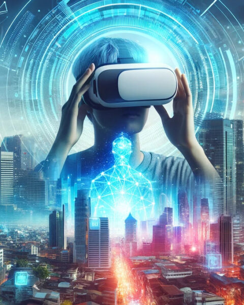 Paisaje urbano futurista con una superposición de realidad virtual, que simboliza la transición de la sociedad tradicional al Metaverso. Imagen generada por DALL-E 2024-01-15 23.25.31