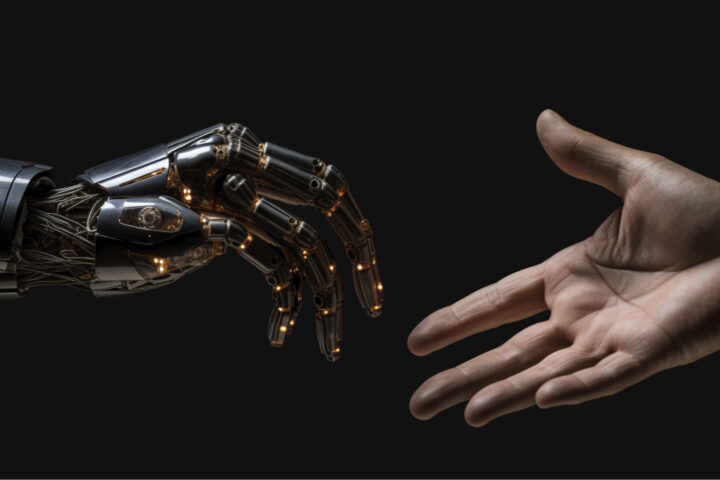 Mano de robot ia y mano humana