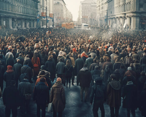 Multitud de personas protestando juntas caminando por la ciudad