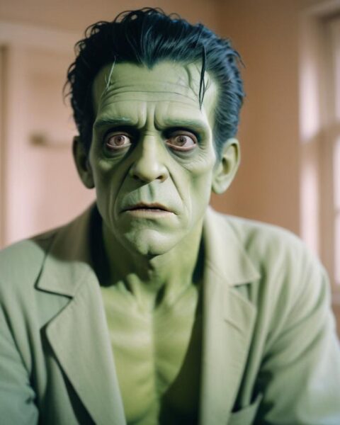 Frankenstein aparece en una habitación con un diseño romántico, mirando atentamente a la cámara…Imagen generada por AI Freepik.