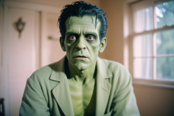 Frankenstein aparece en una habitación con un diseño romántico, mirando atentamente a la cámara…Imagen generada por AI Freepik.