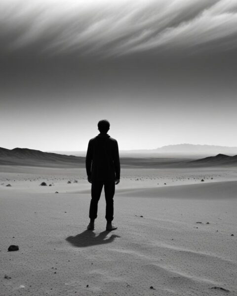 Fotografía de película de 35 mm, paisaje marciano inhóspito, una sola silueta humana de pie resueltamente contra el horizonte / Imagen generada por AI Freepik.