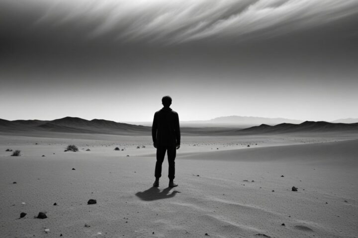 Fotografía de película de 35 mm, paisaje marciano inhóspito, una sola silueta humana de pie resueltamente contra el horizonte / Imagen generada por AI Freepik.