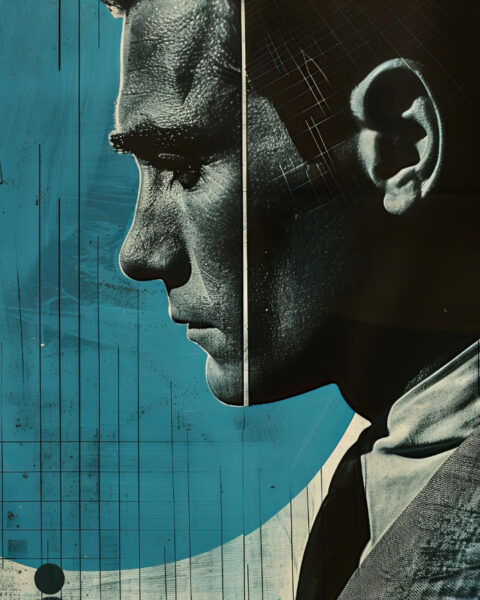 La teoría crítica representada en un hombre que reflexiona sobre formas abstractas