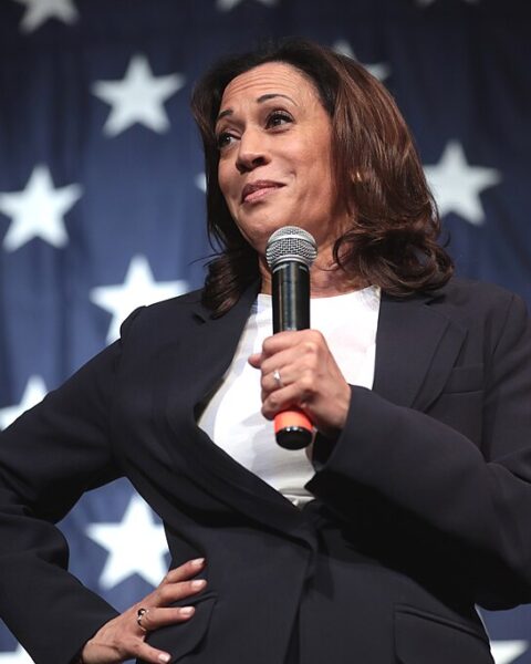 La vicepresidenta Kamala Harris hablando en el "Iowa Democratic Wing Ding" de 2019 en Clear Lake, Iowa; foto por Gage Skidmore.