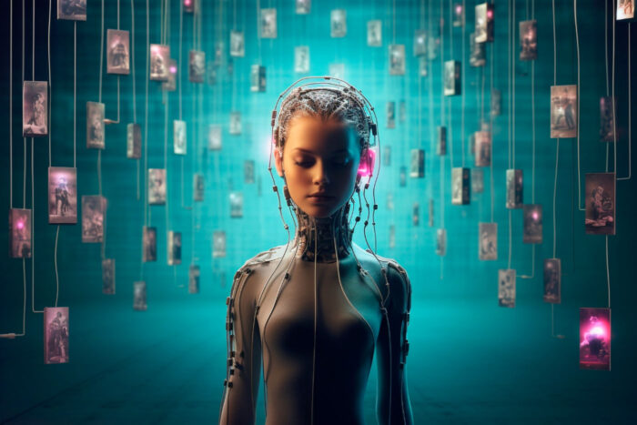 Cyborg con cables conectados, representando la integración de IA y percepción sensorial para alcanzar inteligencia artificial general.
