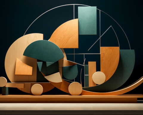 Escultura abstracta moderna de formas geométricas de madera en tonos naturales y verde, dispuestas en una composición dinámica sobre un fondo oscuro.
