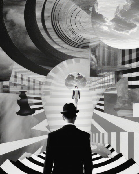 Imagen surrealista en blanco y negro con un hombre de espaldas caminando hacia una figura lejana, rodeado de formas geométricas y elementos abstractos en un ambiente onírico.