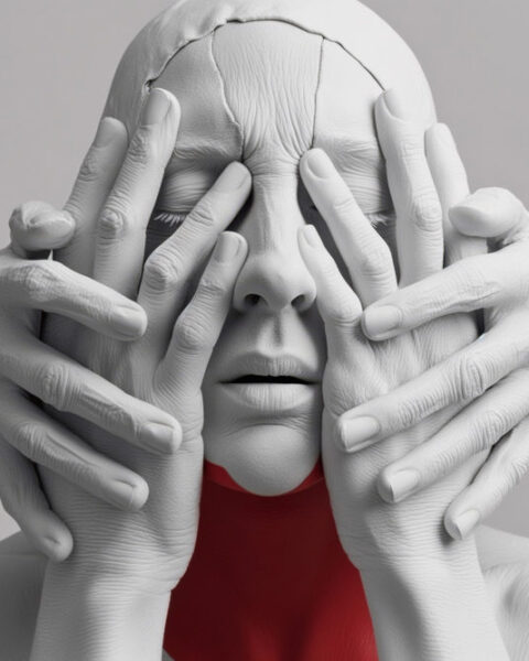 Foto de mujer con mauquillaje blanco que se tapa el resotro, triste y pesimista ante la vida. Tiene los ojos cerrados.