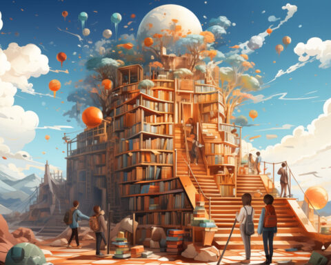 Mundo creado con libros y literatura donde las personas caminan, y conversan.