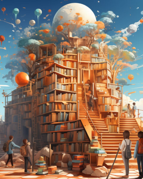 Mundo creado con libros y literatura donde las personas caminan, y conversan.