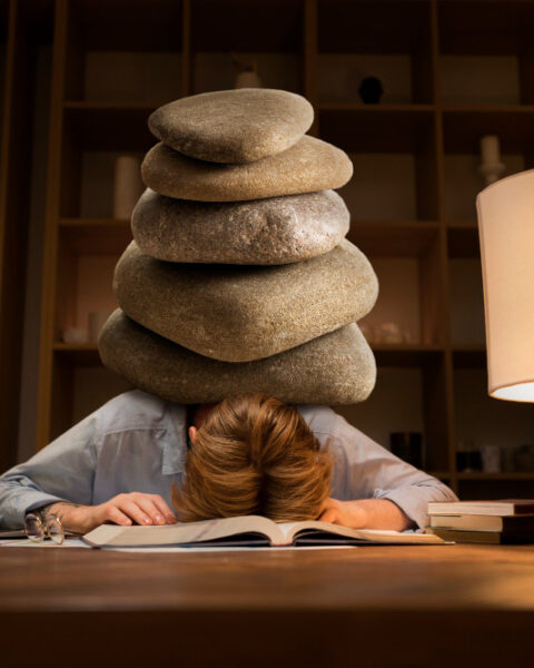 Image de un joven con piedras en la espalda, representando la resiliencia en la filosofía y en la vida