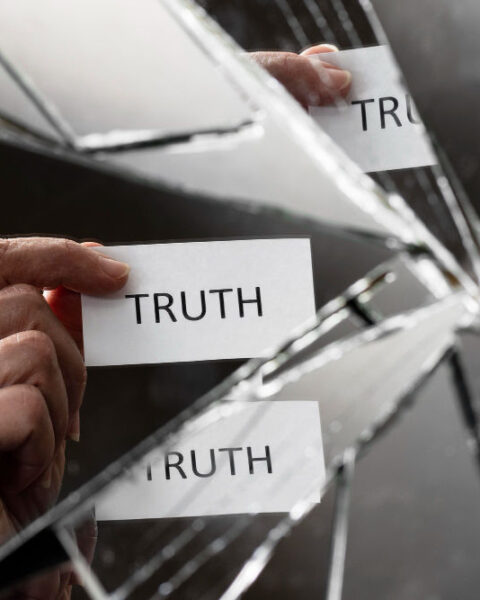 Persona sostiene papel con la palabra verdad. Hay espejos fragmentados y rotos