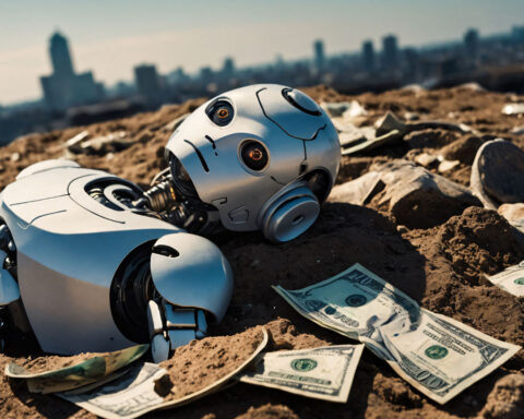 Robot en el suelo rodeado de algunos billetes dólares.