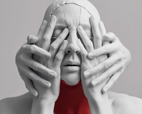 Manos tocan rostro de mujer representando ideal de belleza contradictorio
