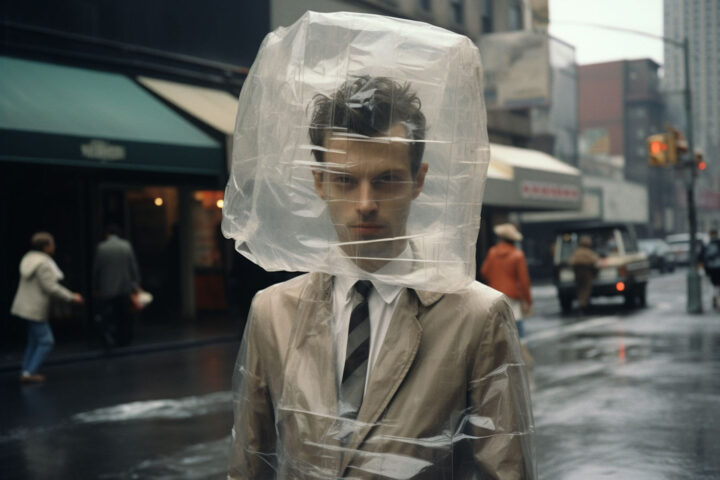 Un hombre sostiene su cabeza dentro de una bolsa de plástico al estilo de Janet Delaney