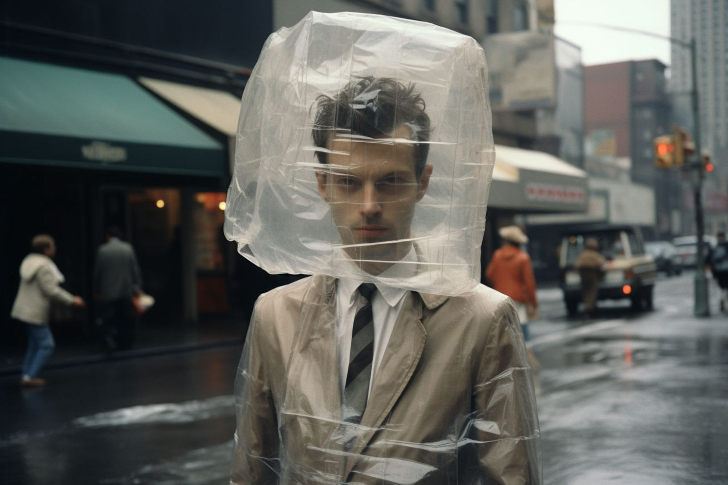 Un hombre sostiene su cabeza dentro de una bolsa de plástico al estilo de Janet Delaney