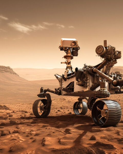 Puesta de sol sobre maquinaria minera abandonada, un robot trabaja generado por inteligencia artificial