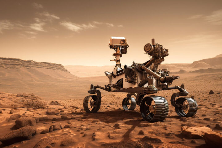 Puesta de sol sobre maquinaria minera abandonada, un robot trabaja generado por inteligencia artificial