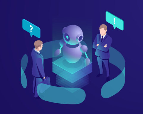 Inteligencia artificial ai robot da recomendación, humano obtener respuesta automatizada de chatbot, sistema de consultoría de negocios, vector isométrico neón oscuro