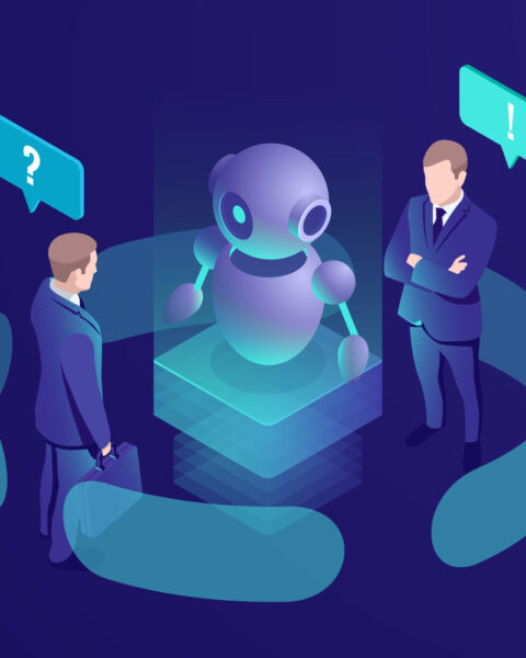 Inteligencia artificial ai robot da recomendación, humano obtener respuesta automatizada de chatbot, sistema de consultoría de negocios, vector isométrico neón oscuro