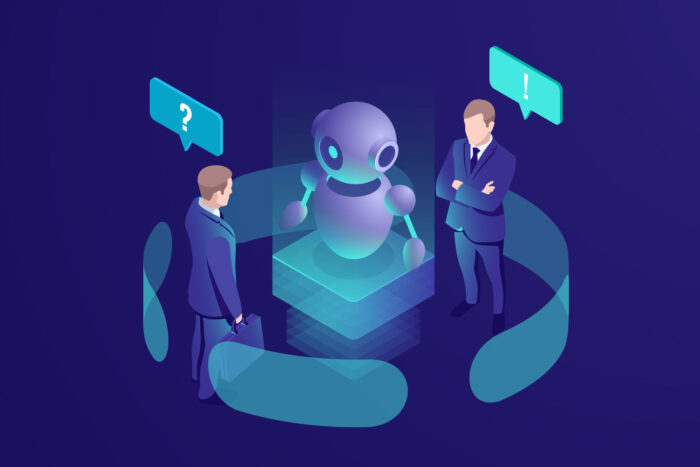 Inteligencia artificial ai robot da recomendación, humano obtener respuesta automatizada de chatbot, sistema de consultoría de negocios, vector isométrico neón oscuro