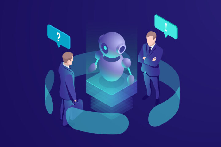 Inteligencia artificial ai robot da recomendación, humano obtener respuesta automatizada de chatbot, sistema de consultoría de negocios, vector isométrico neón oscuro