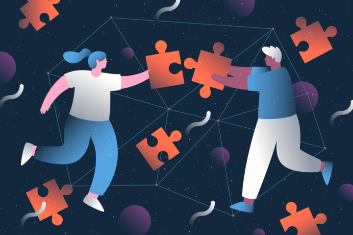 Concepto de trabajo en equipo con personas haciendo un rompecabezas.