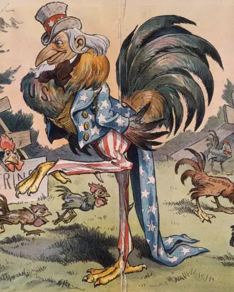 Una caricatura de 1901 muestra al Tío Sam como un gallo que vigila el gallinero de la Doctrina Monroe, con Europa encerrada y los gallos sudamericanos vagando libremente.