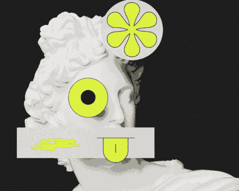 Busto de filósofo estoico reinterpretado como crítica a la cultura contemporánea de productividad.