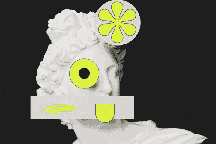 Busto de filósofo estoico reinterpretado como crítica a la cultura contemporánea de productividad.