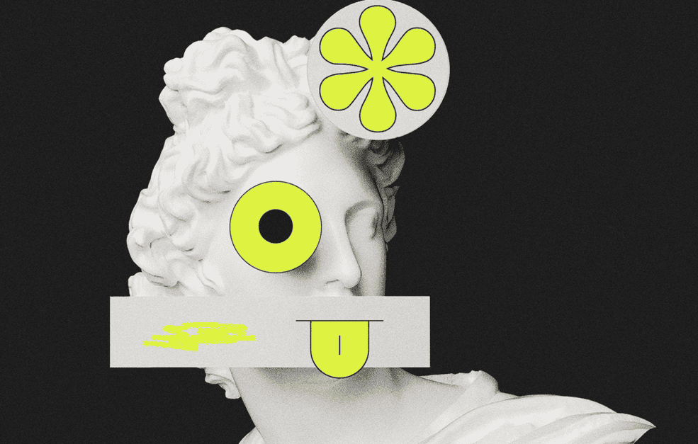 Busto de filósofo estoico reinterpretado como crítica a la cultura contemporánea de productividad.
