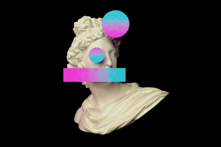 Busto clásico con figuras geométricas