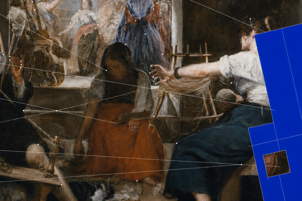 Diego Velázquez, Las hilanderas (c. 1655–1660). Imagen intervenida mediante inteligencia artificial.